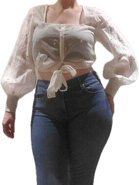 The East Order White Sheer Puff Sleeve Embroidered Crop Top